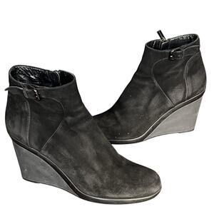 Aquatalia Ankle Booties Womens 9.5 Black Weatherproof Suede Buckle Wedge Heel